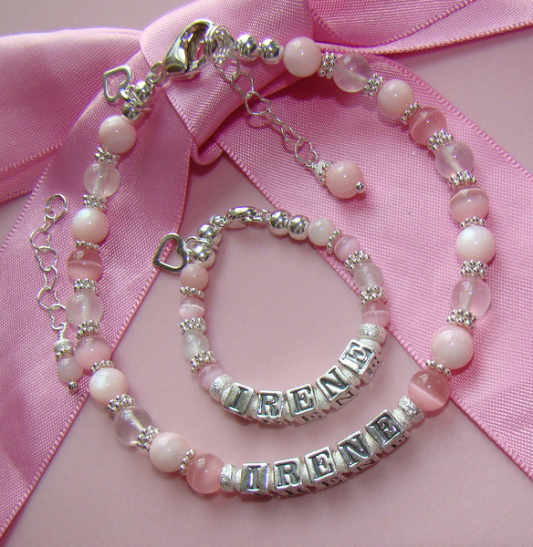Mom and Daughter Mother Baby Soft Pink Gems Gemstones Personalized Matching Name Bracelets