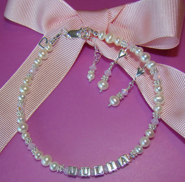All White Freshwater Cultured Pearls Swarovski Crystal Adult Name Bracelet