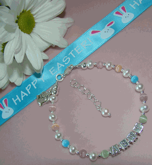 Colored Cats Eye Freshwater Pearls Bunny Charm Girls Name Bracelet