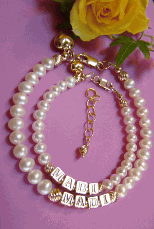 Gold Filled Classic Natural White Freshwater Pearls Name Bracelets