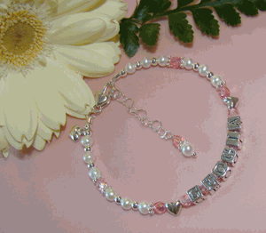 Sterling Silver Hearts Freshwater Peals Birthstone Baby Child Name Bracelet 