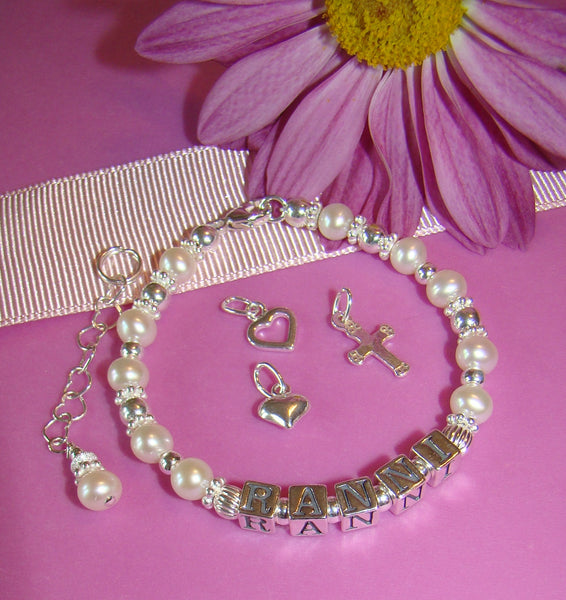 Freshwater Cultured Round Pearls Sterling Silver Charm Name Bracelet