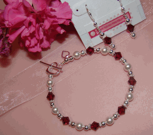 White Pearls Sterling Silver Hearts Birthstone Crystals Family Bracelet