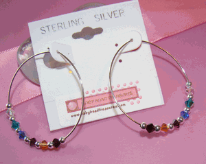 Sterling Silver Mothers One and Half Inch Hoop Family Birthstone Earrings.