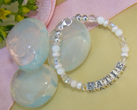 White Mother of Pearl Crystal Quartz Stardust Birthstone Name Bracelet