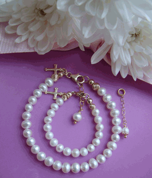 Gold Filled Mother and Daughter Christening Baptism Pearl Cross Charm Religious Bracelets