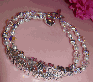 Mothers Single Double Triple Strand White Pearl Crystals Name Bracelet