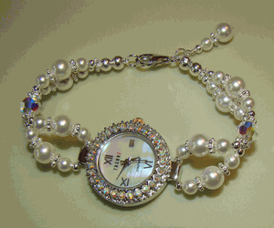 Sterling Silver Swarovski Crystals White Pearl Beaded Birthstone Watch
