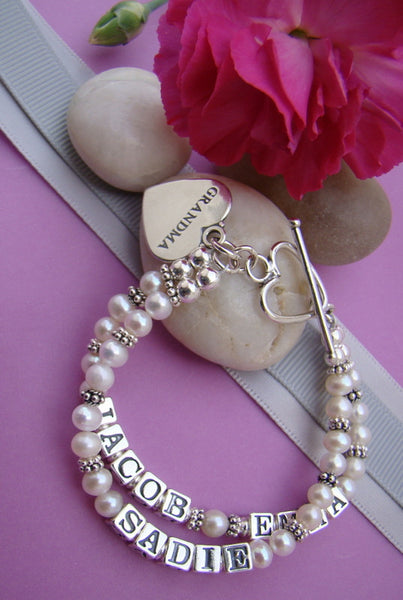 Cultured White Round Pearls Bali Silver Double Multiple Mother's Name Personalized Custom Bracelet