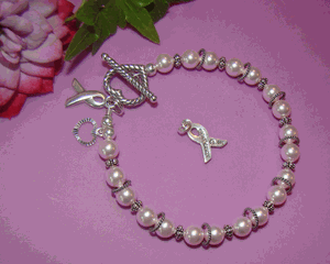 Light Pink Pearls Bali Silver Breast Cancer Awareness Bracelet