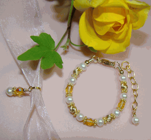 Gold Filled Fire Czech White Pearl Birthstone Baby Bracelet - Can Add Initial or Monogram