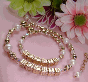 Gold Filled Mother and Daughter Pearl Birthstone Monogram Initial Bracelets