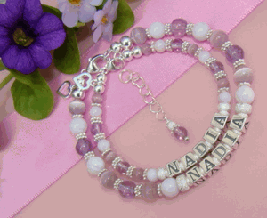 Mother and Daughter Soft Purple Lavender Gemstone Personalized Name Bracelets