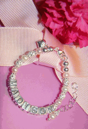 Pink White Pearls and Sterling Twists Custom Personalized Baby Name Bracelet