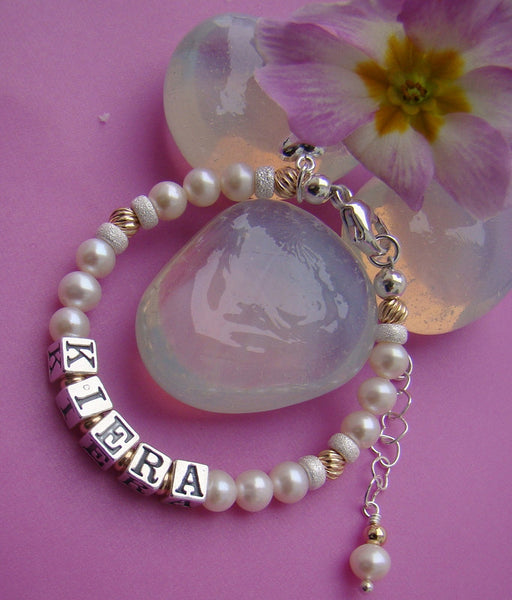 Natural White Pearl Gold Filled Twists and Silver Name Bracelet