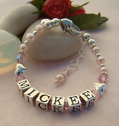 Light Pink Freshwater Pearls Sterling Silver Puffed Hearts Name Letter Baby October Rose Bracelet