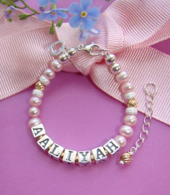 Natural Pink Pearls and Gold Filled Twists Baby Child Name Bracelet