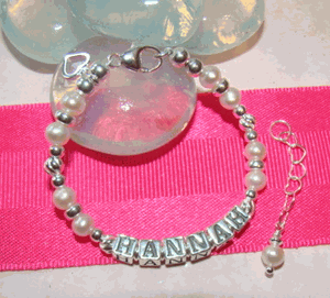 White Pearls and Twists Satin Sterling Silver Name Bracelet