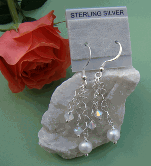 Sterling Hearts White Pearls Crystal Family Dangle Birthstone Earrings