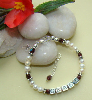 Sterling Silver White Pearl Fire Czech Birthstone Baby Child Name Bracelet 