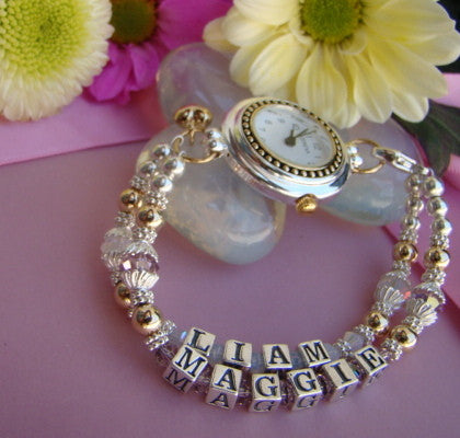 Gold Filled Sterling Silver Mothers Mom Name Personalized Birthstone Watch