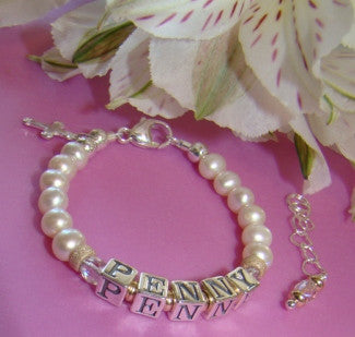 Freshwater White Pearls Gold Filled Sterling Birthstone Cross Charm Baby Name Bracelet