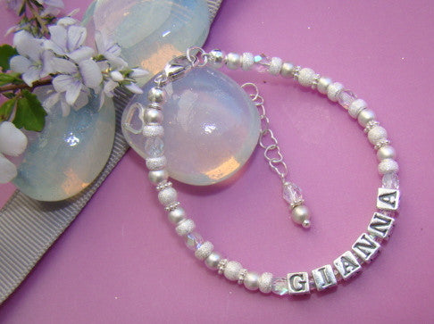 Sterling Silver Bright Stardust Birthstone Name Bracelet Matte Non Tarnish Beads