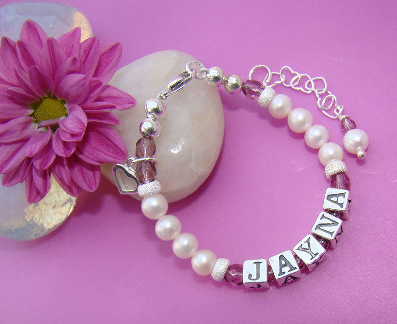 Freshwater White Pearls and Fire Czech June Light Amethyst Birthstone Crystals Personalized Name Bracelet