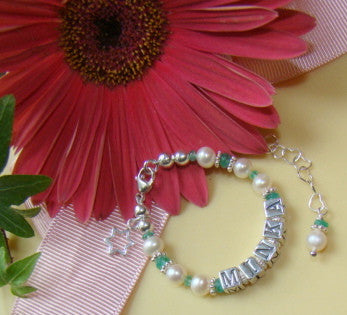 Emerald May Birthstone Pearl Baby Child Name Charm Bracelet