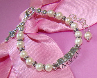 Sparkling White Pink or Lavender Freshwater Pearls Baptism Scroll Cross Baby Charm Bracelet