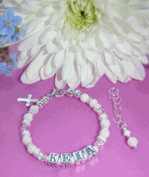 Sparkling White Mother of Pearl Shell Crystal Birthstone Cross Charm Name Bracelet