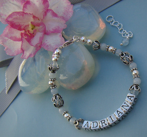 Aquamarine March Gemstone Birthstone Sterling Silver Name Personalized Bracelet