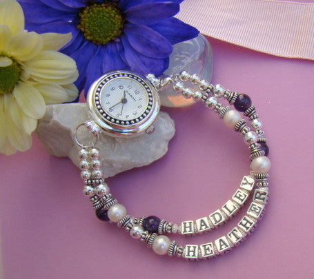Mothers Name Personalized Silver Natural Custom Gemstone Birthstone Watch