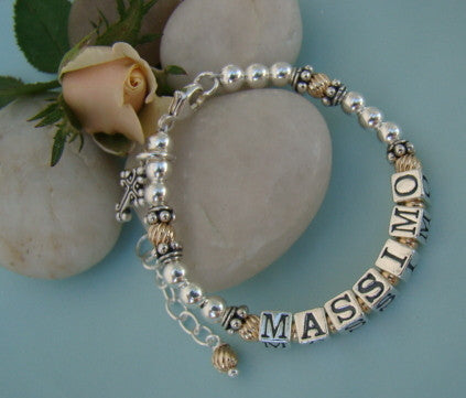 Gold and Silver Two Toned Baptism Scroll Cross Charm Name Masculine Boy Religious Bracelet