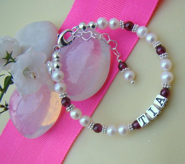 Pearls Garnet Natural Gemstone January Birthstone Name Bracelet