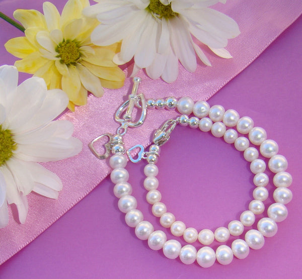Mother and Daughter Classic White Freshwater Pearls Bracelet Set - Can Personalize