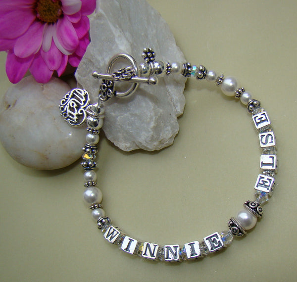 Mothers White Pearl and Swarovski Crystal Family Birthstone Bracelet