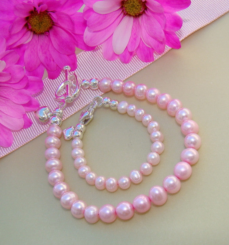 Mom and Daughter Matching Classic Pink Freshwater Pearls Bracelets - Can Personalize