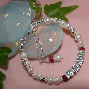 Perfect Pearls Genuine July Ruby Gemstone Birthstone Name Bracelet 