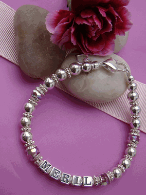 Sparkling Sterling Silver Adult February Amethyst Birthstone Name Bracelet