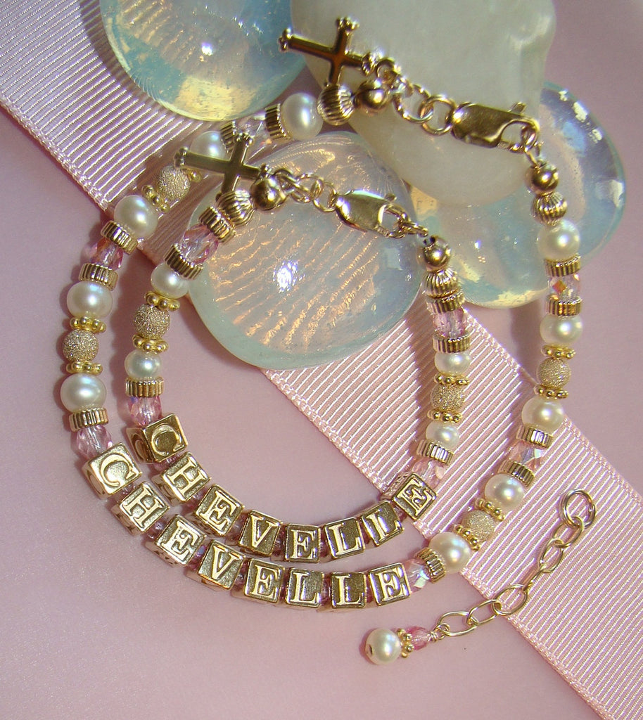 Mother and Daughter All Gold Filled Pearl Birthstone Monogram Initial Baptism Bracelets