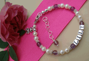 Pearls Silver Light Amethyst June Birthstone Child Baby Name Bracelet