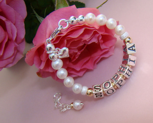 Freshwater White Cultured Pearls Gold Filled Sterling Custom Baby Name Bracelet