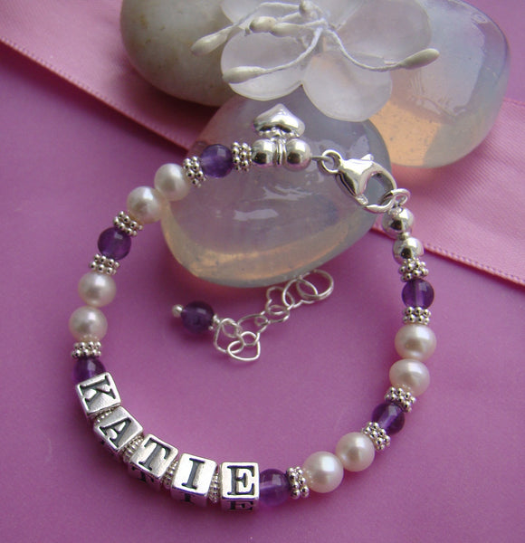 White Freshwater Pearls Amethyst February Gemstone Birthstone Name Bracelet