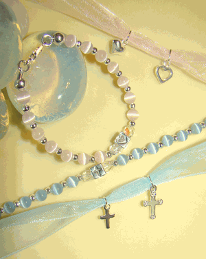 Blue Pink White Boy or Girl Cat Eye Baptism Religious Charm Bracelet