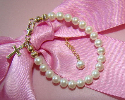Freshwater Cultured Pearls Gold Baptism Cross Charm Baby Religious Bracelet