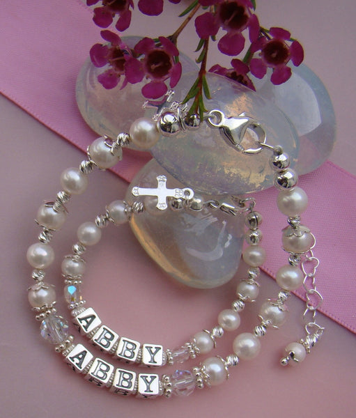 Mother Daughter All White Pearls Sterling Silver Baptism Custom Christening Name Bracelets