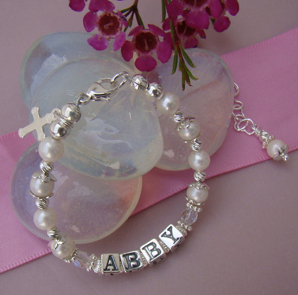 Freshwater White Cultured Round Pearls Fancy Baptism Baby Child Name Bracelet