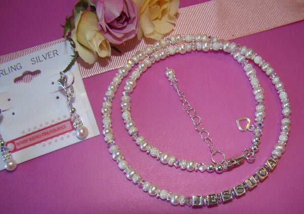Freshwater Pearls Swarovski Crystal Birthstone Ladies Name Necklace and Earrings