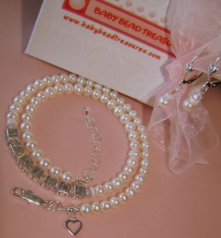 All White Freshwater Cultured Pearls Birthstone Adult Name Necklace and Earrings